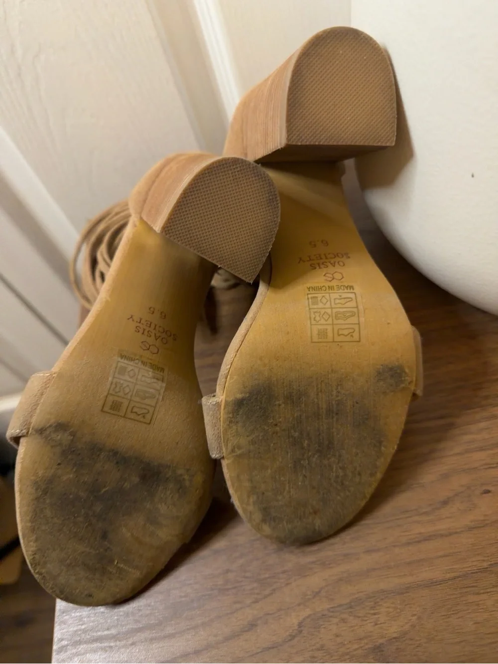 Oasis Society Tan Suede Leather Caged Strappy Block Heel Sandals Size 6.5